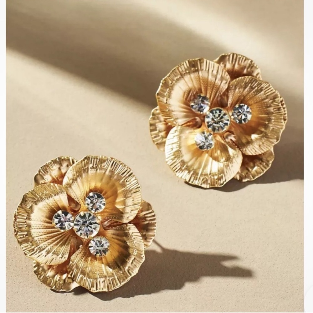 Anthropologie Crystal Blossom Earrings - Gold Floral - Picture 1 of 8